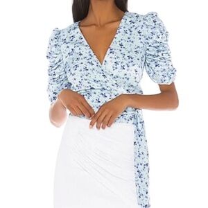 LPA Blue and White Floral Wrap Top Extra Small